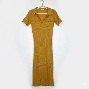 Roller Rabbit Mustard Yellow Crochet Knit Cotton Polo Midi Dress XS